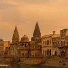 Temples and ghats along the Yamuna river in Vrindavan at sunset