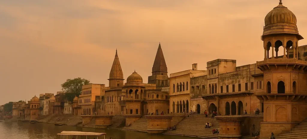 Temples and ghats along the Yamuna river in Vrindavan at sunset