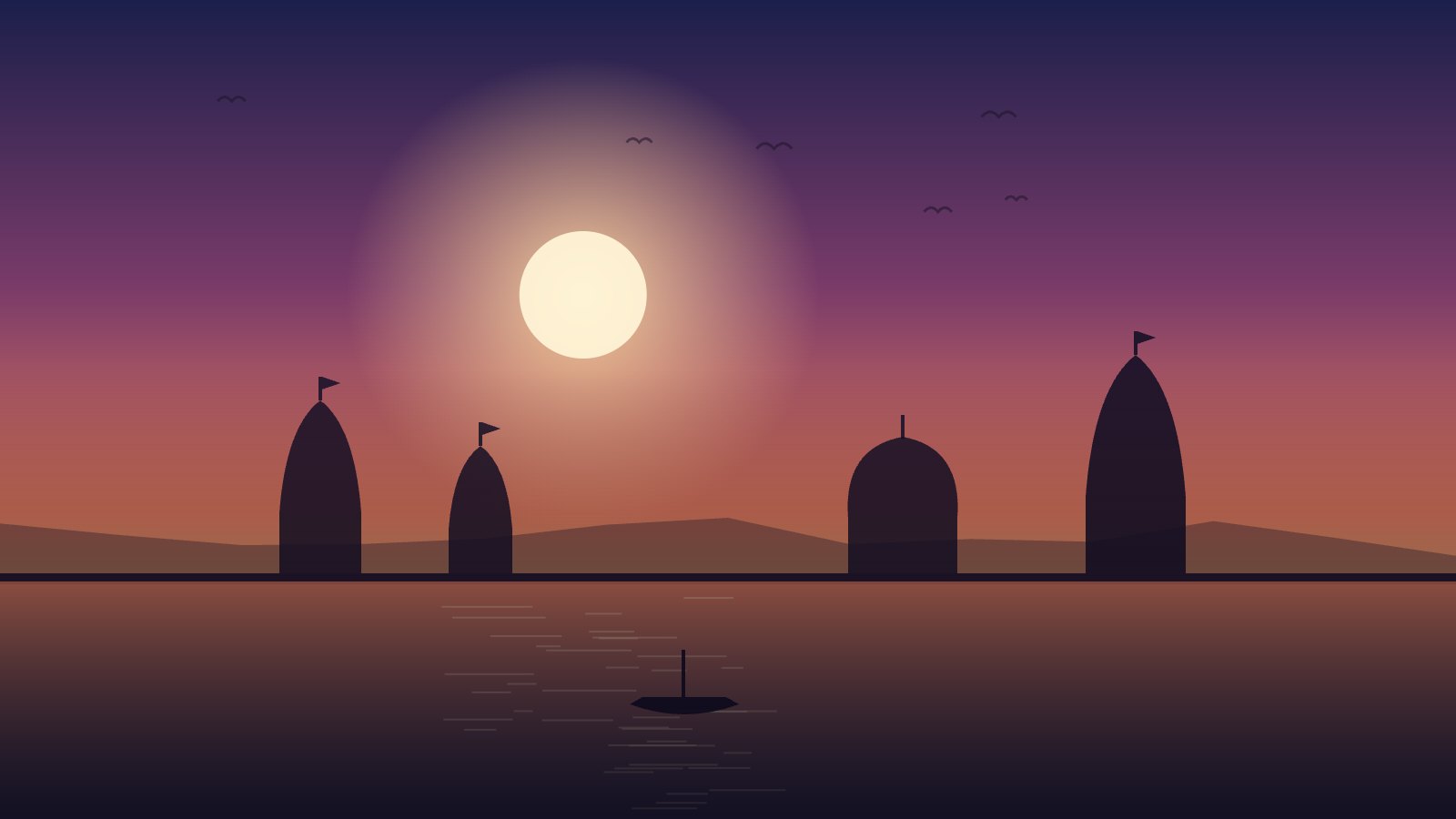Silhouettes of Vrindavan temple spires beside the Yamuna at sunset